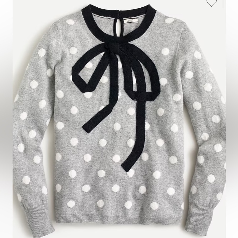 J Crew Women’s Gray Polka Dot 100% Cashmere Crewneck Sweater With Bow Small S
